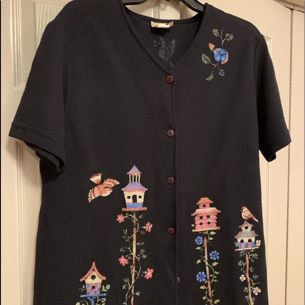 Teddi Vintage V-Neck Black Button Front Birds & Floral Top